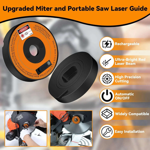 Angled view of a rechargeable miter saw laser guide with an orange ring and black housing.