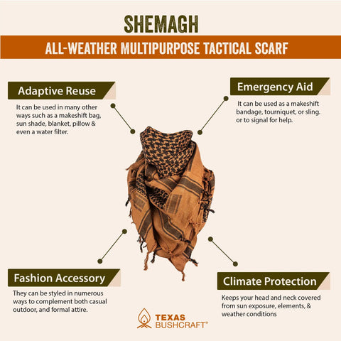Desert Shemagh Tactical Scarf 43x43 Inches, 100 Percent Cotton Keffiyeh displaying multipurpose uses and benefits.