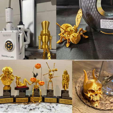 Silk Gold PLA Filament 3D printed figurines, decorations, and models made from a 1Kg spool, 1.75mm, high detail dimensional accuracy.