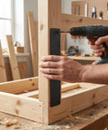 Heavy Duty 4 Pack Stainless Steel Flat Mending Plates for Shelf Support and Wood Furniture Fixes being drilled into wood frame