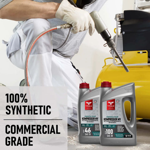 Worker using compressor with ISO 100 SAE 30 Full Synthetic Air Compressor Oil for rotary vane screw and reciprocal motors.