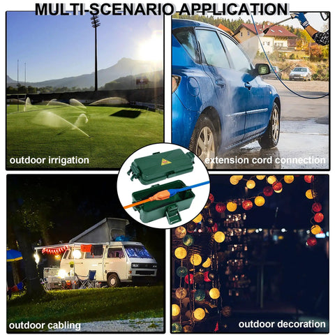 Heavy Duty Outdoor Electrical Box With Weatherproof Snap Cover fits garden adapters, shown in various outdoor applications.