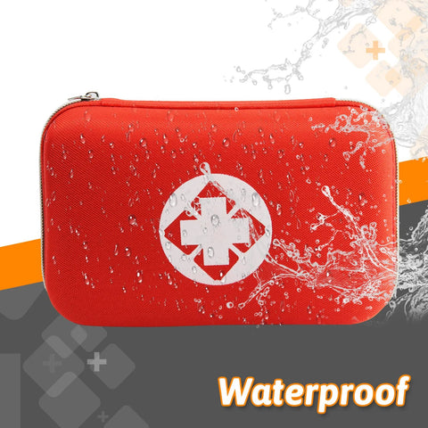 Front view of a red waterproof compact first aid kit case with a white cross emblem.