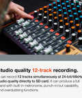 Close-up of All In One 12-Track Digital Multitrack Studio Mixer With USB Audio Interface And DAW Control and dials in use