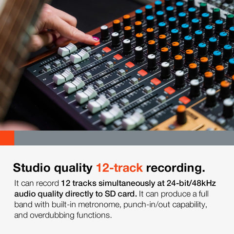 Close-up of All In One 12-Track Digital Multitrack Studio Mixer With USB Audio Interface And DAW Control and dials in use