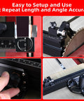 GOINGMAKE compact table saw miter gauge with 360mm fence and flip stop, front view
GOINGMAKE miter gauge side view on table saw showing sliding fence and adjustment knob
GOINGMAKE miter gauge close-up of flip stop and positive angle stops
GOINGMAKE miter gauge installed on table saw fence with wooden workpiece