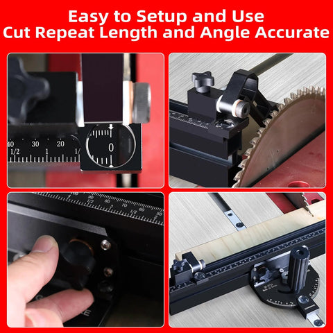 GOINGMAKE compact table saw miter gauge with 360mm fence and flip stop, front view
GOINGMAKE miter gauge side view on table saw showing sliding fence and adjustment knob
GOINGMAKE miter gauge close-up of flip stop and positive angle stops
GOINGMAKE miter gauge installed on table saw fence with wooden workpiece