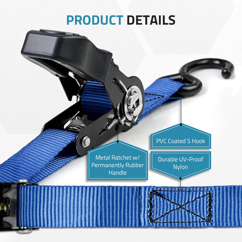 Heavy Duty 1 Inch By 4 Foot Boat Trailer Tie Down Straps With Ratchet Buckle, PVC Coated S Hook