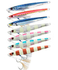 Heavy Duty Premium Slow Fall Pitching Jigs For Saltwater Fishing Tough 9T Lead Alloy Sinkers Paired With Razor Sharp Mustad Stinger Hook Killer Offshore Jigging Bait 120 Grams in various colors.