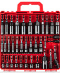 Magnetic Impact Nut Driver Set For Pros, 55 Piece SAE And Metric Kit with deep driver bits in red case