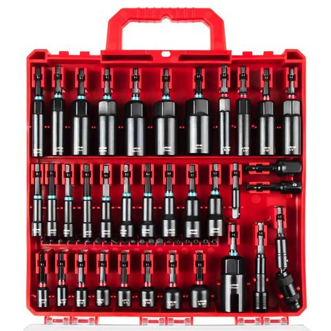 Magnetic Impact Nut Driver Set For Pros, 55 Piece SAE And Metric Kit with deep driver bits in red case