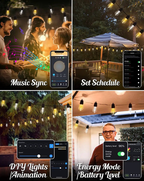 App Remote Solar String Lights 50Ft Waterproof Edison Bulbs For Balcony Or Umbrella with music sync, battery level, DIY scenes.