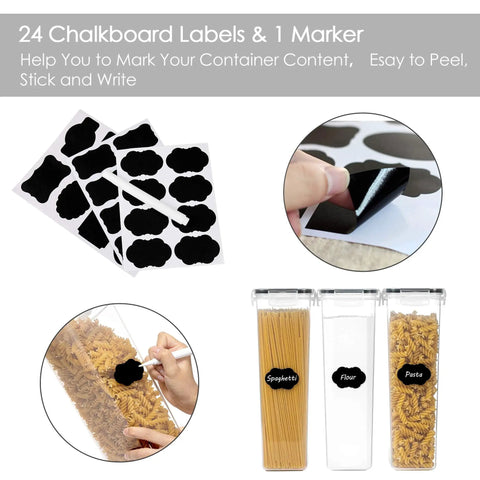 4 Pack 2.8L Airtight Food Storage Containers With Lids, BPA Free Kitchen Canisters, shown with spaghetti, flour, and pasta labels.