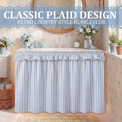 Blue Stripe Bathroom Sink Curtain Skirt Slaps Over Ugly Pipes Under Vanity Zero Fuss Install Straight Up Solid Coverage Keeps Your Cabinet Lookin Super Clean
