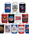 Collection of 12 Patriotic 250th Anniversary Can Cooler Sleeves in red, white, and blue with USA designs for 12 oz cans.