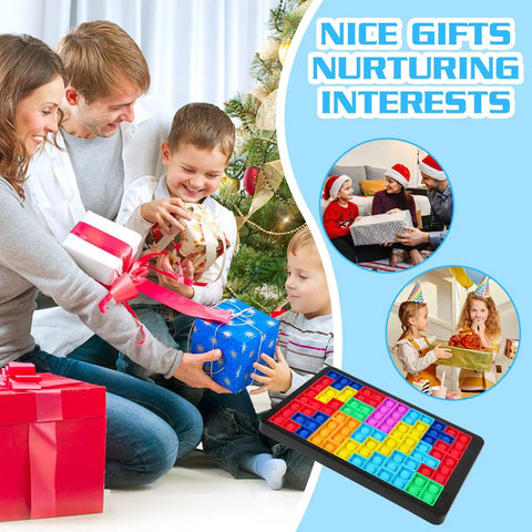 Family exchanging gifts with Slick Silicone Pop Puzzle Fidget Toy Buttery Smooth Push Pop Brain Teaser for kids during holidays.