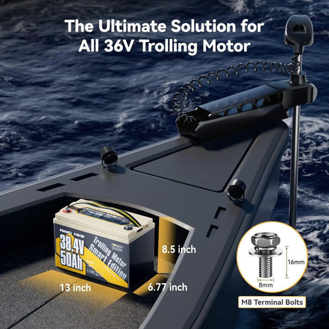 36V 50Ah LiFePO4 Battery with Bluetooth on a trolling motor boat with dimensions and terminal bolts shown.