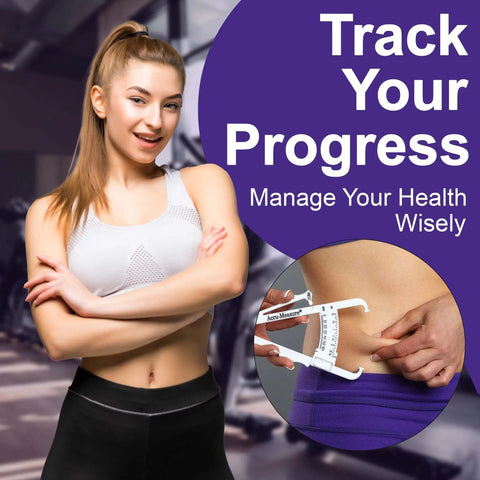 Woman using On The Go Body Fat Caliper That Gives Quick, Easy Readouts For Real World Fitness Goals at gym, measuring waist