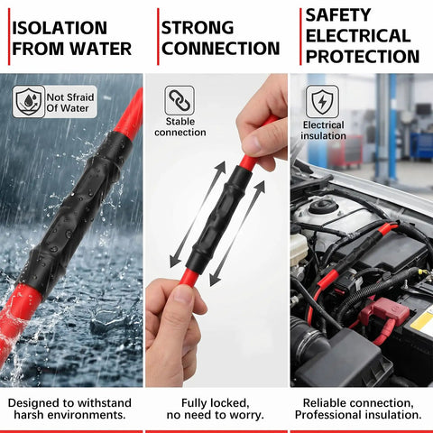 Heavy Duty 4 6 And 8 AWG Copper Heat Shrink Butt Connectors With Double Wall Insulation And Hot Melt Adhesive For Waterproof Weatherproof Underground Wire Splicing, shown on a car wire
