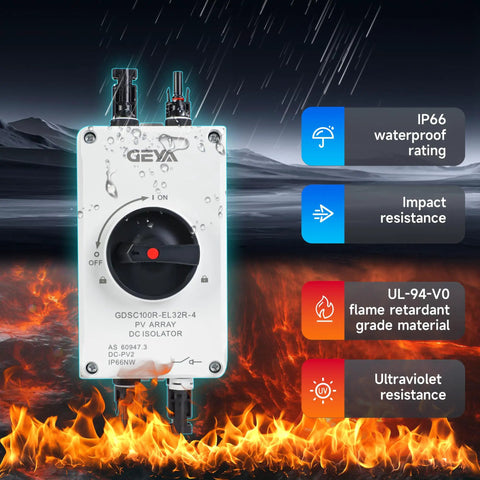 32 Amp DC 1200V Solar Disconnect Switch Isolator With IP66 Waterproof Enclosure, safety features showcased with fire and water resistance.