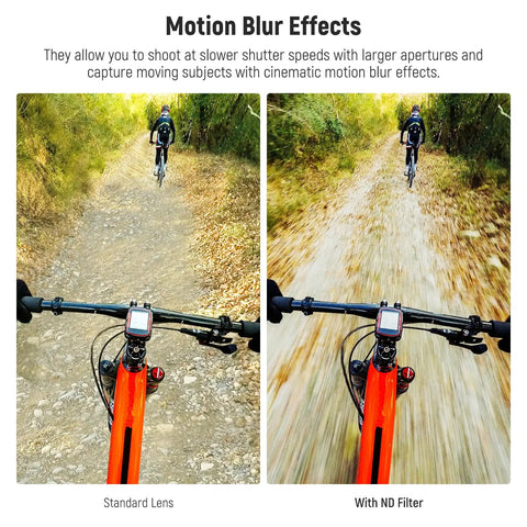 Side-by-side comparison of a bike shot with and without ND Filter Set for GoPro Hero 9 10 11 12 13 Black 3 Pack ND8 ND16 ND32.