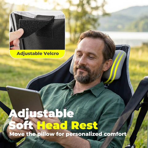 Man relaxing in oversized hammock camping chair with footrest, swing rocker design, adjustable back, headrest with velcro, outdoors.