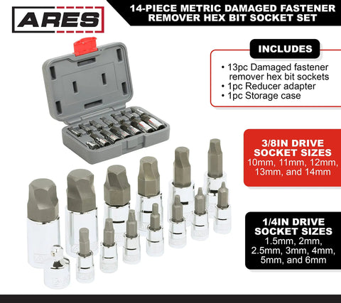 Heavy Duty 14 Piece Metric Damaged Fastener Remover Hex Bit Socket Set with open storage case showing sockets and adaptor