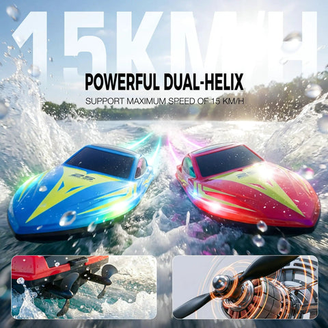 Two Pack 10 Inch RC Boats With LED Lighting Effects, 120 Minute Run Time, 15 KPH Speed, Ideal For Pool Or Lake Fun, Great For Kids And Adults, Red And Blue racing on water