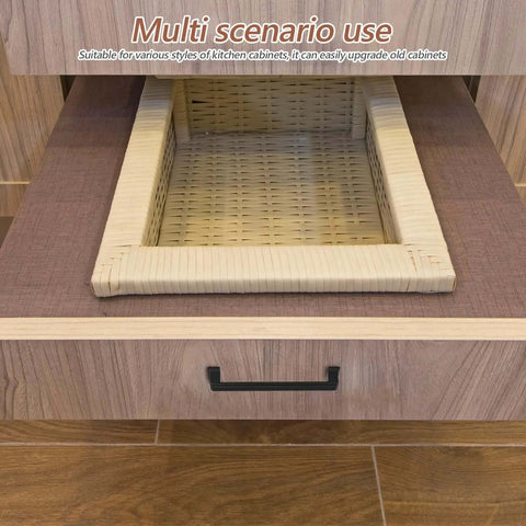 Dope Matte Black Aluminum Cabinet Door Handles And Drawer Pulls on wooden drawer with woven basket insert, vintage retro style.