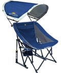 Pod Rocker Outdoor Rocking Chair With SunShade Canopy, blue sling seat, steel frame, for patio or beach use.