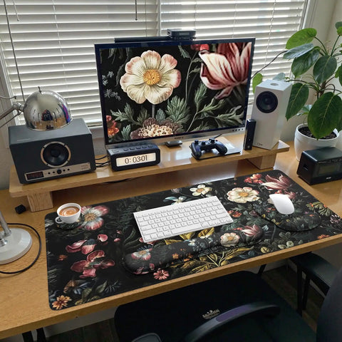 Floral 4in1 Large Desk Cover Mat With Ergonomic Wrist Rest, XXL Anti Slip Mouse Pad And Keyboard Pad, Extended 35.4 Inch By 15.7 Inch Desk Protector For Desktop, Non Slip, Comfortable Wrist Support in a home office setup