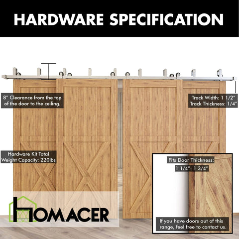 Brushed Nickel Sliding Barn Door Hardware Kit With Double Track Bypass For Four Doors shown installed, 10ft track view