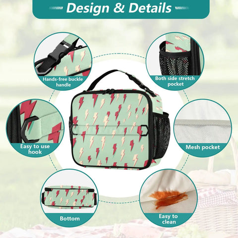 Insulated Lunch Bag With Shoulder Straps, Portable Cooler Bag For Office, School, And Travel, Lightning Bolt Design, Durable Polyester Construction, Spacious Main Compartment, Side Mesh Pockets For Drinks, Great For Meals shown with buckle handle and mesh pockets