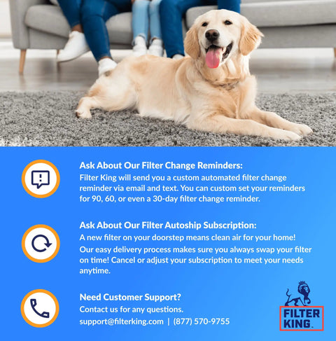 Golden retriever lying on carpet with Filter King customer service information for Pleated MERV 8 Air Filter 18x18x1 Inch 2 Pack For Home HVAC.