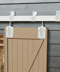 6 Foot Box Rail Barn Door Hardware Kit Heavy Duty Silver Sliding Track System installed on outdoor barn door, wall mount hardware.
