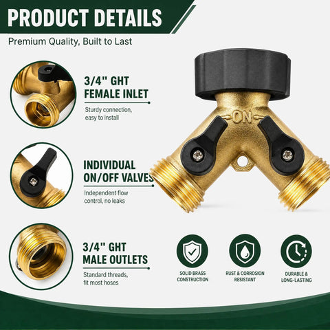 Heavy Duty Garden Hose Splitter 2 Way Brass Y Splitter With 2 Valves And 2 Extra Rubber Washers Solid Brass Water Splitter For Dual Watering Easy On Off Controls Durable Industrial Grade, 3/4" GHT