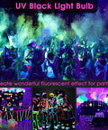 Ultra Bright LED Black Light Bulb 10W UVA 385 400nm A19 Base creates vibrant glow party atmosphere with fluorescent effects