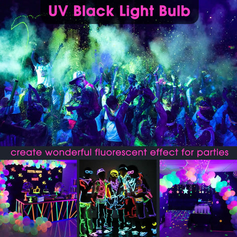 Ultra Bright LED Black Light Bulb 10W UVA 385 400nm A19 Base creates vibrant glow party atmosphere with fluorescent effects
