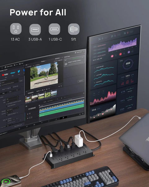 Beefy 13 Outlet Surge Protector Power Strip With 4 USB Ports And USB C Charging on desk with monitors and laptop.
