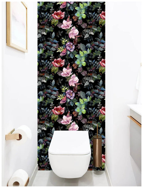 Bathroom wall with Floral Peel And Stick Wallpaper Black Green Pink Botanical Design Repositionable, watercolor floral pattern.