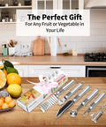 BURLIHOME 6-piece stainless steel fruit carving knife set with melon baller, zester, peeler, crinkle knife, V-cut