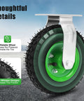 Get 8 Inch Pneumatic Caster Set Of 4 With Heavy Duty Air Inflatable Rubber Wheels. Detail of a green inflatable wheel.