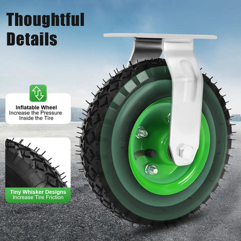 Get 8 Inch Pneumatic Caster Set Of 4 With Heavy Duty Air Inflatable Rubber Wheels. Detail of a green inflatable wheel.