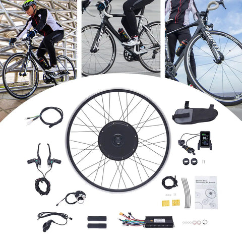 700C Front Wheel Electric Bike Conversion Kit 48V 1000W Hub Motor complete kit with digital display, throttle, and wiring.