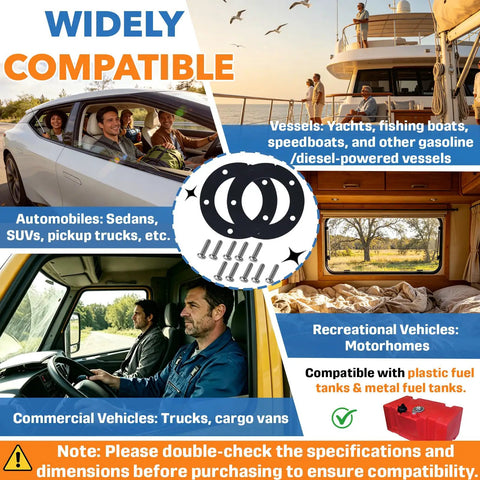 Two Pack Fuel Tank Gasket Kit NBR for boats, cars, and trucks shown with compatible vehicles and gasket image, widely compatible