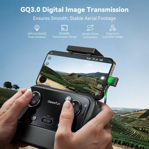Hands holding controller with smartphone showing landscape, 4K Drone With 8K Photos 3 Axis Gimbal Ultra Stable GPS Beeper.