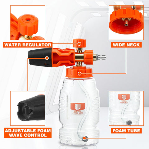 Dual Tip Foam Cannon For Pressure Washer Gun With Quick Connect One Quarter Inch Stainless Steel Car Wash Foam Blaster Attachment Switchable Foam And Water Flow Leak Proof Seal 4000 PSI, showing water regulator and foam tube