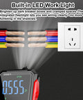 Upgraded 2026 Digital Multimeter Tester with display, LED light illuminating exposed wires near electrical outlet.
