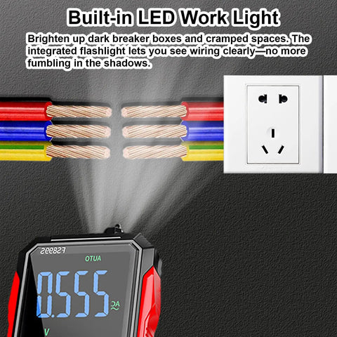 Upgraded 2026 Digital Multimeter Tester with display, LED light illuminating exposed wires near electrical outlet.