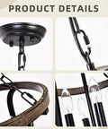 Product details of Farmhouse 4 Light Cage Chandelier With Black Metal Finish And Faux Wood Rustic Lantern Pendant Light